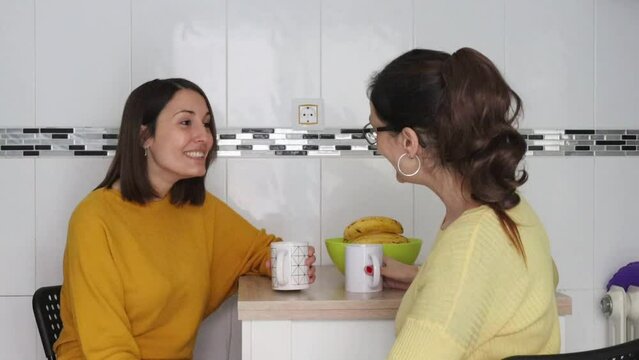 Caucasian lesbian couple talking at the kitchen table while having a coffee, they kiss each other. LGBT couple concept