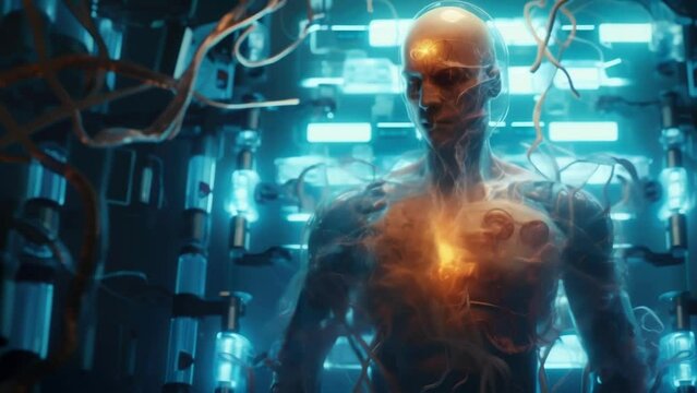 A medical lab layout covered with glowing digital circuits and complex machinery connected to cyborg body parts undergoing cyberpunk art
