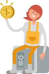 Woman Barista Character Sitting on Safe and Holding Dollar Coin
