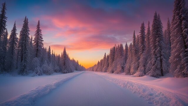 sunrise in the mountains road leading towards colorful sunrise between snow covered trees  