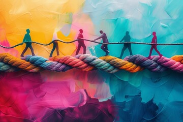 Witness the power of teamwork and partnership as diverse individuals unite to form a strong bond symbolized by a colorful braid of intertwined ropes