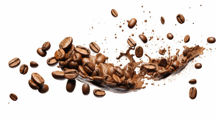 Obraz premium splashing coffee with coffee beans, isolated on white background, 3d rendering