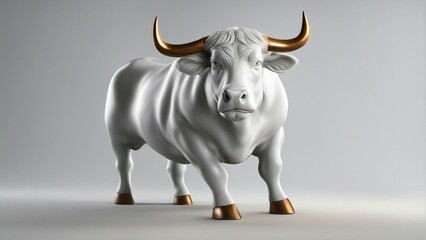 bull on white A small and round fiery bull that moves slowly with gold horns and hoofs    