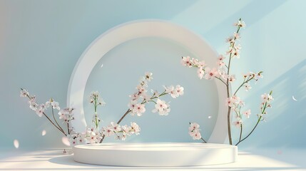 Springtime minimal round 3D podium with blooming flower in the background