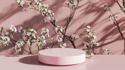 Springtime minimal round 3D podium with blooming flower in the background