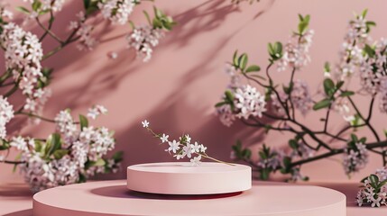 Fototapeta na wymiar Springtime minimal round 3D podium with blooming flower in the background