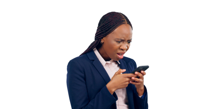Phone, business and black woman with confusion, texting and connection. African person, model and employee with smartphone, communication and talking isolated on a transparent, png background