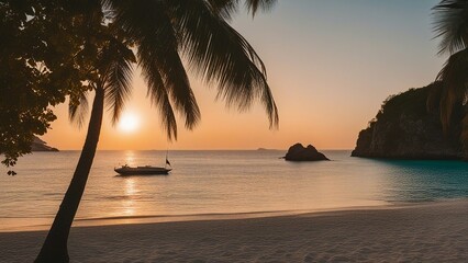 Fototapeta premium sunset at the beach a boat is on the beach at sunset 