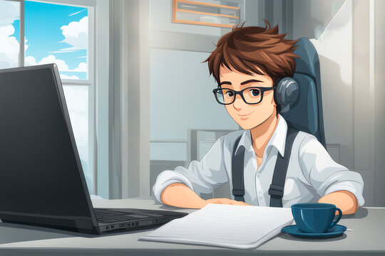 Male freelancer working with papers and using technology in coffee shop interior. Young man working and studying on laptop computer. Online learning or remote work concept