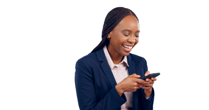 Phone, business and black woman with conversation, smile and connection. African person, model and employee with smartphone, communication and technology isolated on a transparent, png background