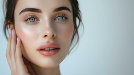 Fototapeta na wymiar Elegant woman posing with natural makeup and luminous skin. portrait for beauty concepts in high resolution. perfect for skincare advertisements. AI