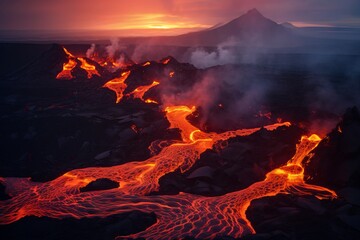 Lava flowing down volcanic slopes