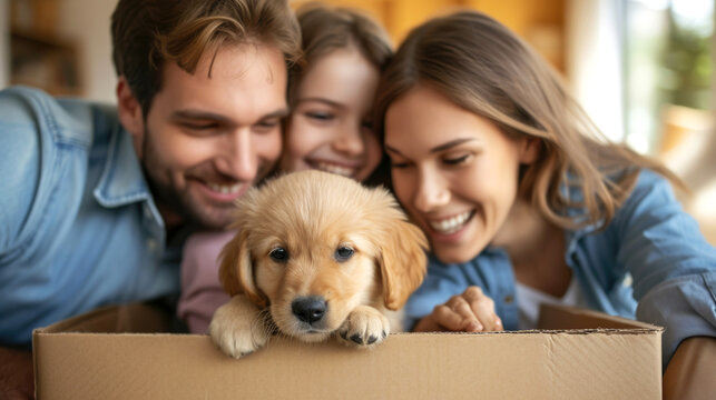 Family love Relocation with a Happy Child and dog in a Cardboard Box, childhood innocence, home buying, real estate agents to family service, excitement and happiness of settling into a new home
