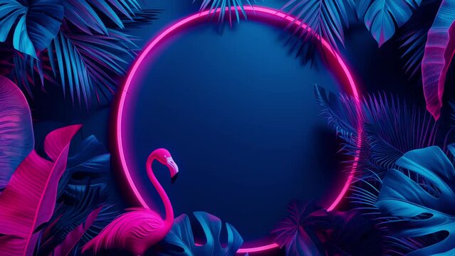Modern trendy neon glowing light with neon blue palm tropical leaves on a violet background. Design template. Frame with copy space for text. Generative AI