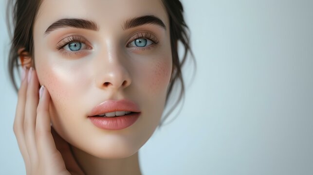 Elegant woman posing with natural makeup and luminous skin. portrait for beauty concepts in high resolution. perfect for skincare advertisements. AI