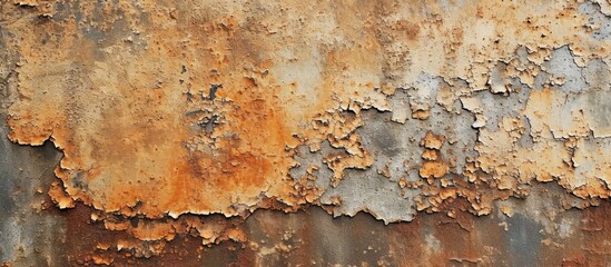 A detailed view of a weathered metal surface with chipped paint, showcasing a unique pattern created by rust and decay