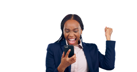Business woman, cellphone and fist or celebration in career opportunity, announcement or congratulations. Black person, hands and smartphone or isolated transparent png background, excited or review