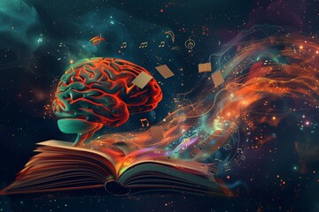 Creative Brain Concept with Music and Space Elements on Open Book