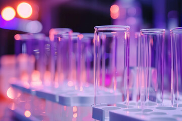 Science laboratory test tubes, lab equipment for medical research.