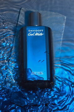 Mansfield,Nottingham,United Kingdom,15th February 2024:Studio product image of a bottle of Davidoff Cool Water aftershave,the company is owned by Coty,Inc.