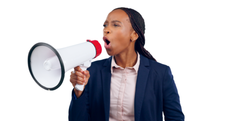 Megaphone, speaker and angry business woman with news or announcement on transparent or png background. Corporate, justice and isolated person with speech, noise and bullhorn for attention on voice