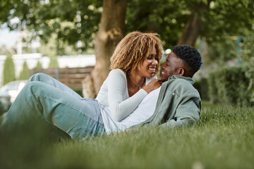 cheerful young african american couple sharing a loving glance while sitting on a grass in park