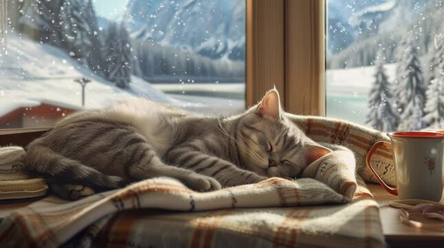 Cat Sleeping by Winter Window with Scenic Landscape View Seamless looping 4k time-lapse virtual video animation background. Generated AI
