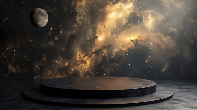 empty black marble podium on space with orange galaxy planet and stars in the background for product presentation - Powered by Adobe