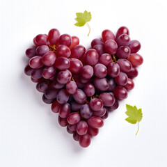 Heart-Shaped Arrangement of Purple Grapes With Green Leaves on White Background. AI.
