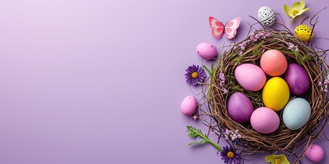 Fototapeta na wymiar Easter eggs in nest with purple background and butterflie