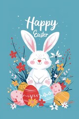 Joyful Easter greeting with bunny and eggs.