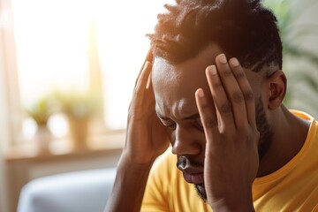 Worried man with hands on temples feeling unwell. Epilepsy Awareness Month.