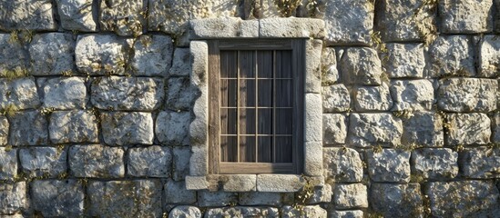 Fototapeta na wymiar A stone wall with a barred window is a sturdy building fixture that adds character to the brickwork facade of the house