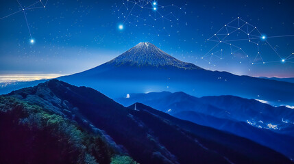 Fototapeta premium Starlit Peaks: A Nighttime Vista Over Mountains, Illuminated by the Cosmic Dance of Stars and the Ethereal Glow of the Milky Way