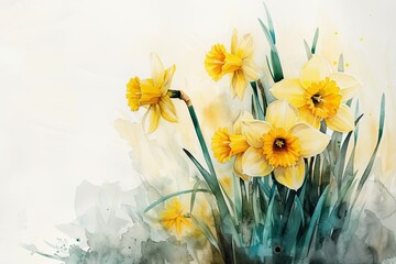 a spring moment with bright yellow daffodils on watercolor paper