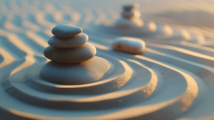 Fototapeta na wymiar Tranquil zen garden stones on patterned sand at sunrise. a symbol of balance and harmony. perfect for wellness and meditation themes. AI