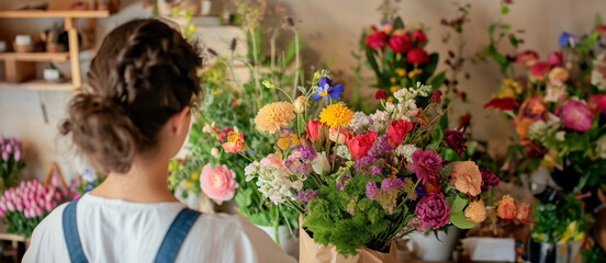 Florist arranging flowers, back to the camera, colorful bouquet in focus, floral shop background,...