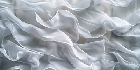 Obraz premium White textiles silk in wave-like patterns, serene gray backdrop, captivating interplay of hues and textures.