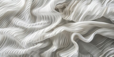 White textiles silk in wave-like patterns, serene gray backdrop, captivating interplay of hues and textures.