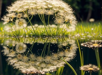 The reflection of dandelions on the water. Summer landscape.