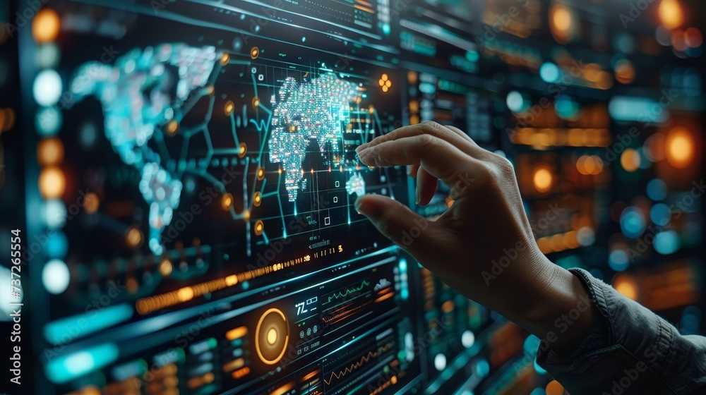 Poster Business teamwork analyzing financial graph on virtual touch screen, futuristic technology solution for business growth. Data science, business analysis and strategy, big data concept.