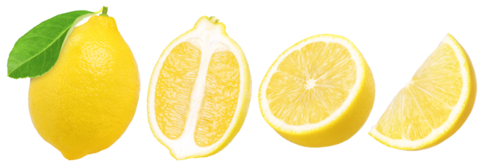 lemon fruit with leaves, slice and half isolated, Fresh and Juicy Lemon, transparent PNG, PNG format