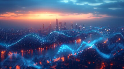 A digital blue wavy wire with antennas is placed against a night megapolis city skyline background in this concept of smart cities and big data. - obrazy, fototapety, plakaty
