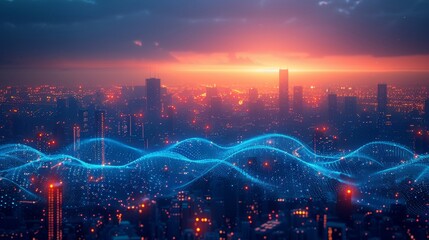 City smart and big data technology concept with digital blue wavy wires and antennas on black night skyline background. - obrazy, fototapety, plakaty