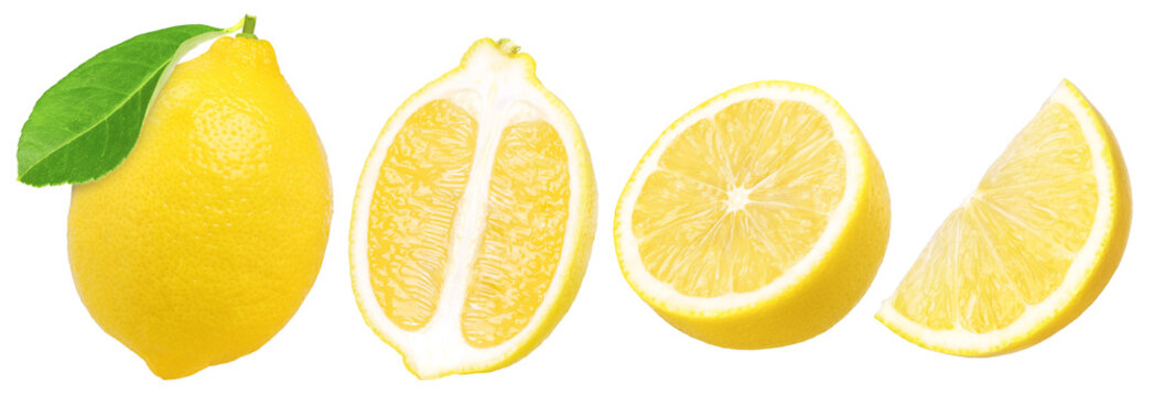 lemon fruit with leaves, slice and half isolated, Fresh and Juicy Lemon, transparent PNG, PNG format