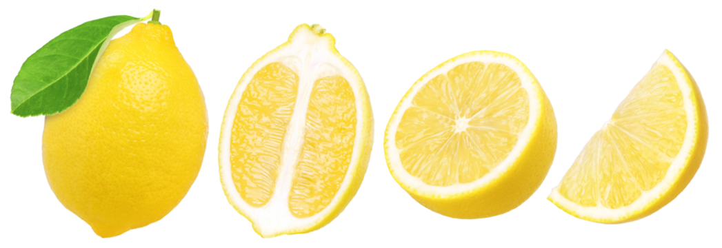 lemon fruit with leaves, slice and half isolated, Fresh and Juicy Lemon, transparent PNG, PNG format