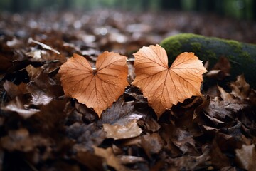 Two heart shaped leaves on a forest floor