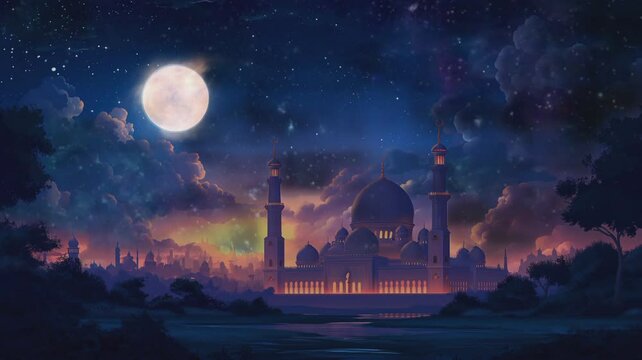 celebratory Islamic Ramadan style with mosque view of the moon in night sky	