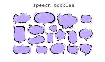 speech bobbles png illustrations set, comics style, retro violet collection isolated on white background 