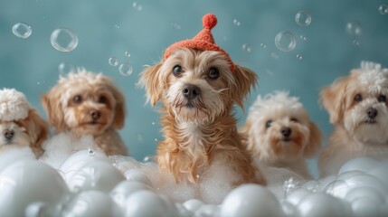 A cute dog wearing a red pary hat and blowing a raspberry against a blue background, with a copy space to the side - obrazy, fototapety, plakaty